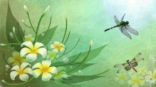 Dragonfly flying over flowers and - illustration free wallpaper for desktop