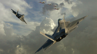 Fighter jets cloudy sky formation - matte painting concept art free wallpaper